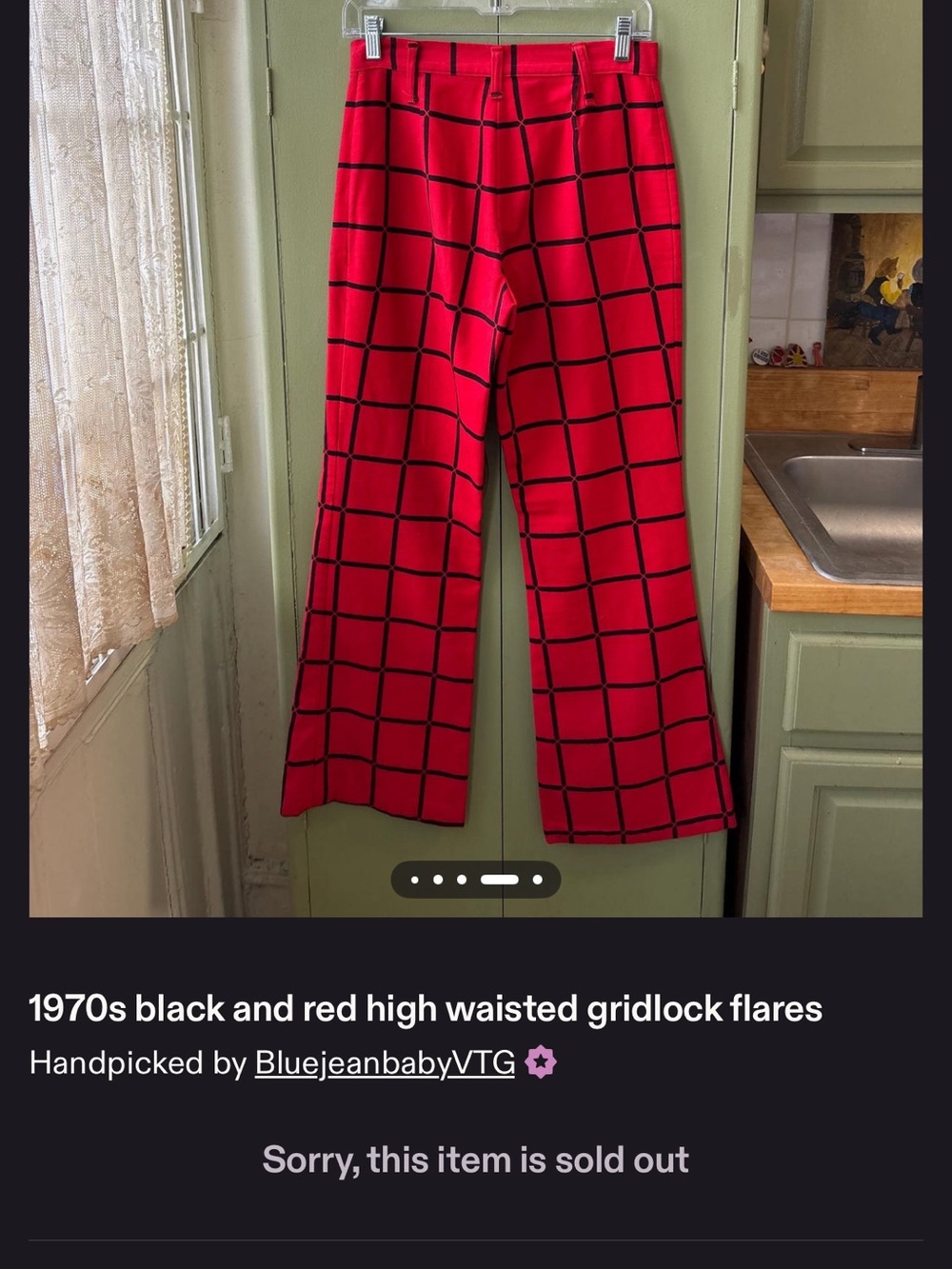 Vintage 70s High-Waisted Red Grid Flare Pants - Picture 3 of 3